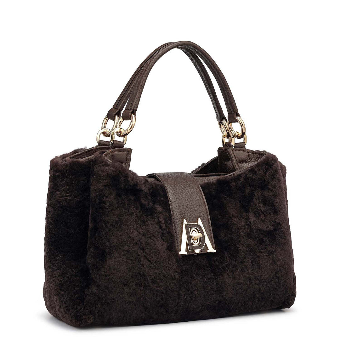 Small Fur Leather Satchel - Chocolate