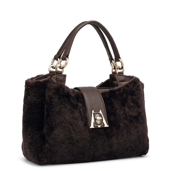 Small Fur Leather Satchel - Chocolate
