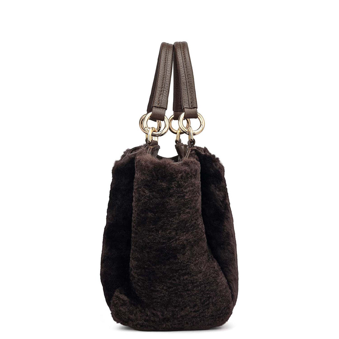 Small Fur Leather Satchel - Chocolate