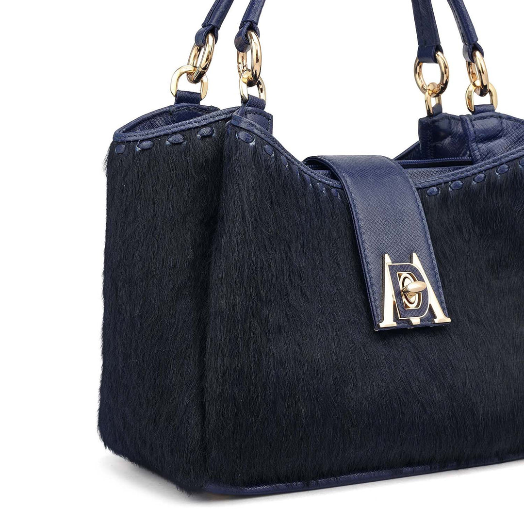 Small Fur Franzy Leather Satchel - Ink Blue