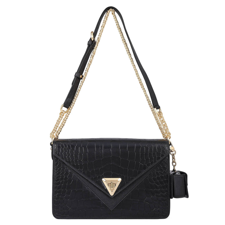 Allure Croco Franzy Leather Shoulder Bag - Black