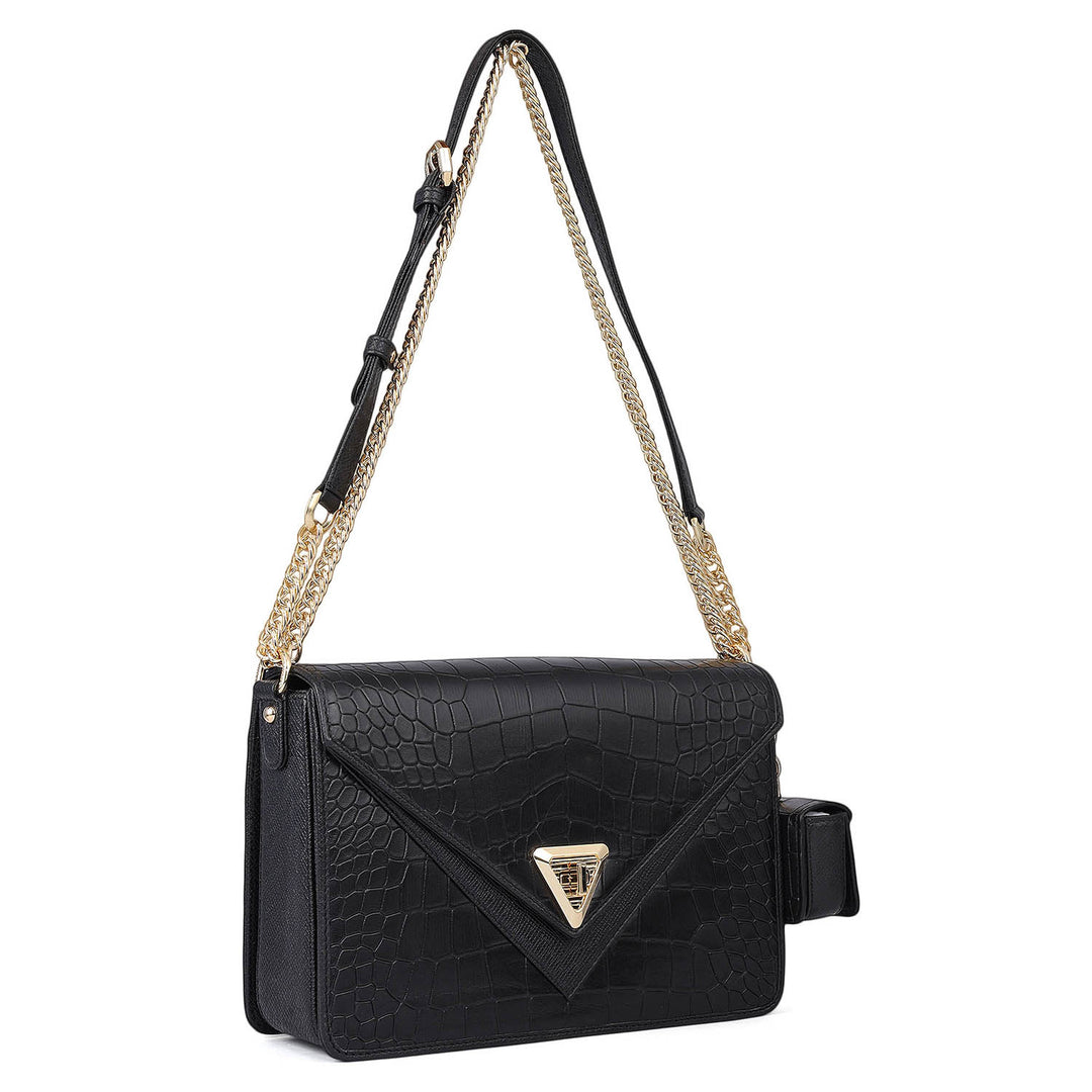 Allure Croco Franzy Leather Shoulder Bag - Black
