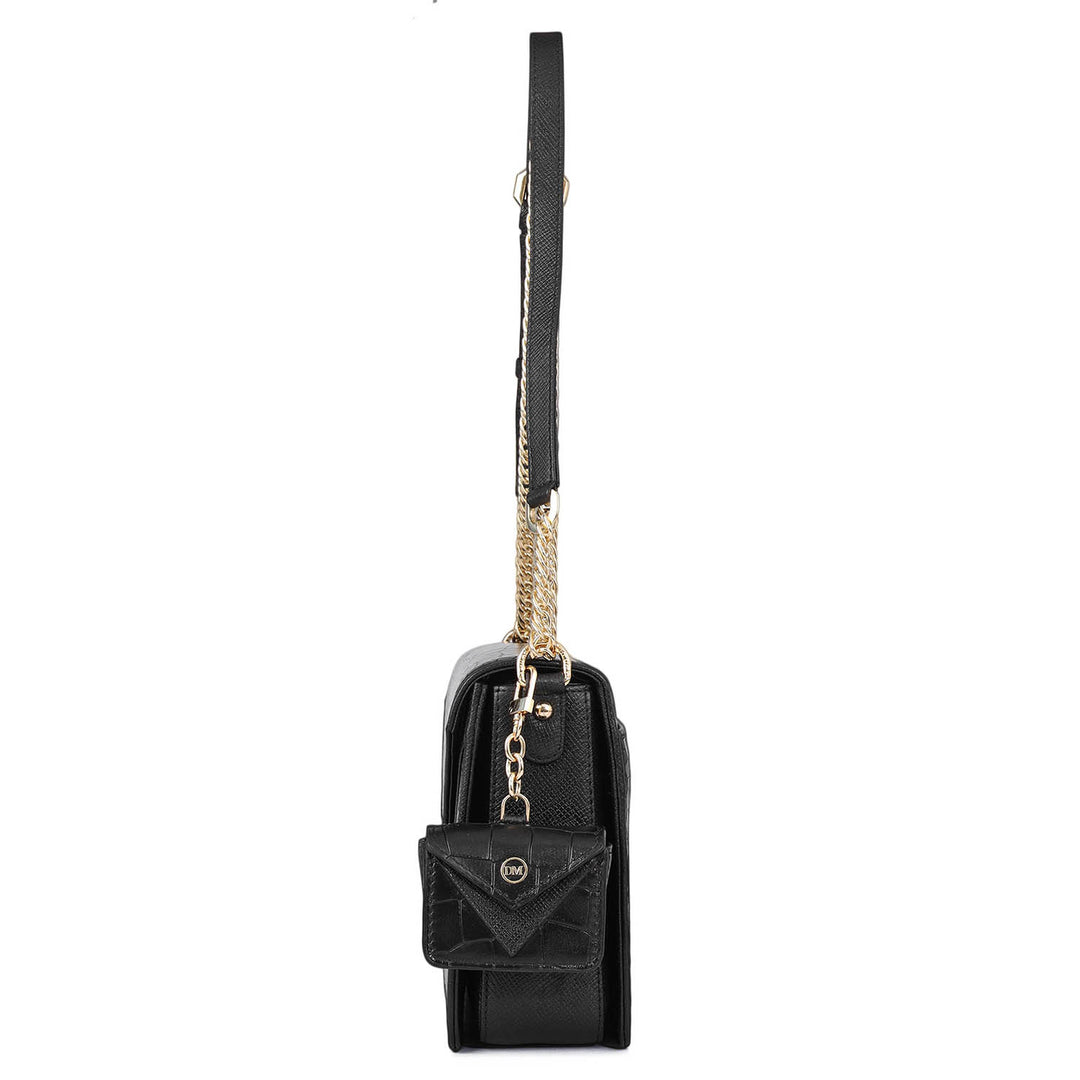 Allure Croco Franzy Leather Shoulder Bag - Black
