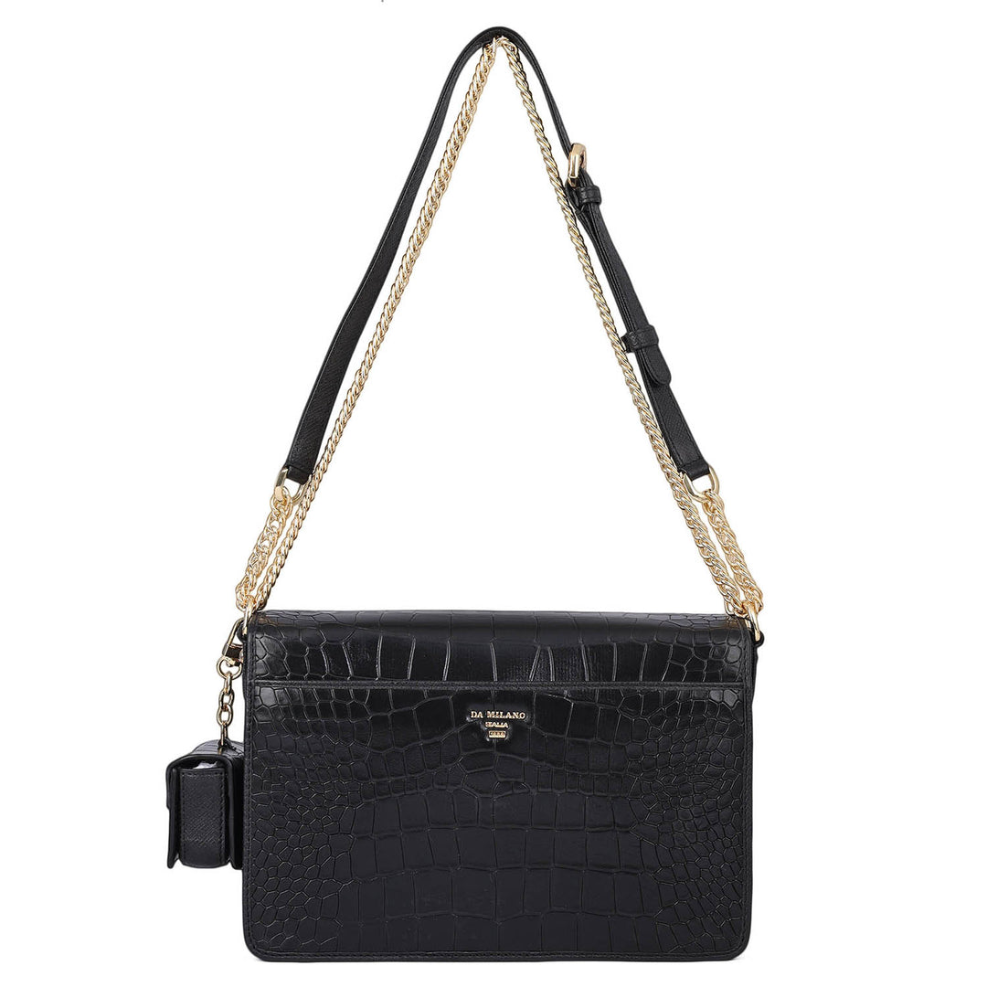 Allure Croco Franzy Leather Shoulder Bag - Black
