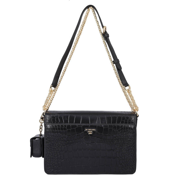 Allure Croco Franzy Leather Shoulder Bag - Black