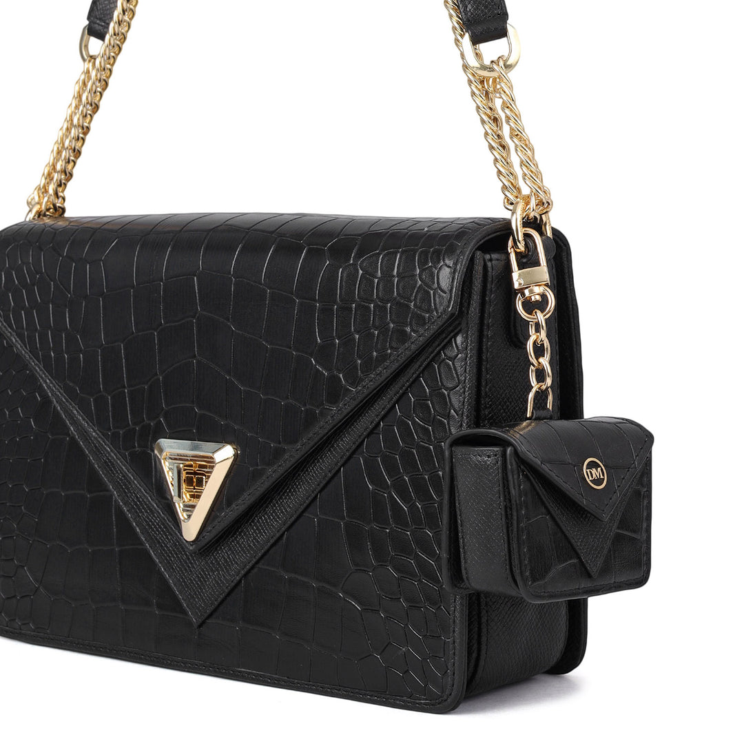 Allure Croco Franzy Leather Shoulder Bag - Black