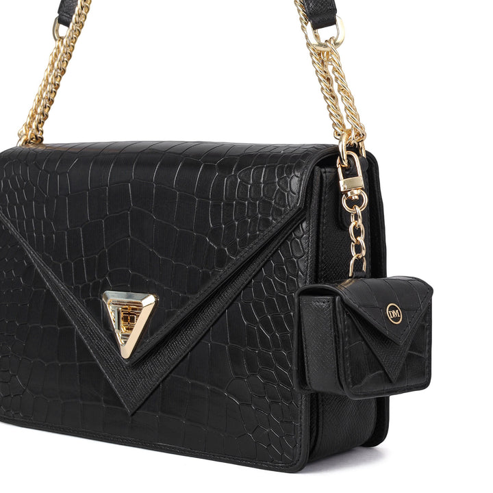 Allure Croco Franzy Leather Shoulder Bag - Black