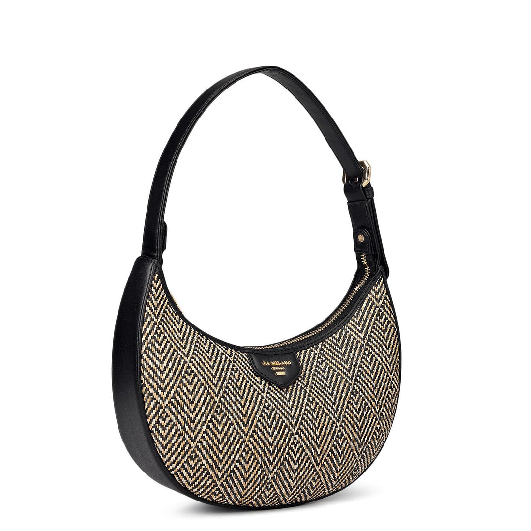 Small Canvas Plain Leather Baguette - Beige & Black