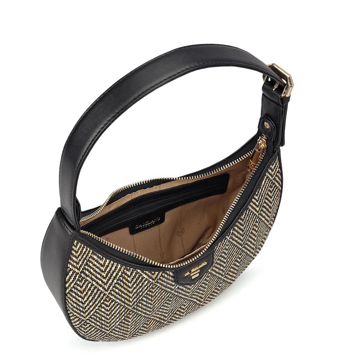 Small Canvas Plain Leather Baguette - Beige & Black