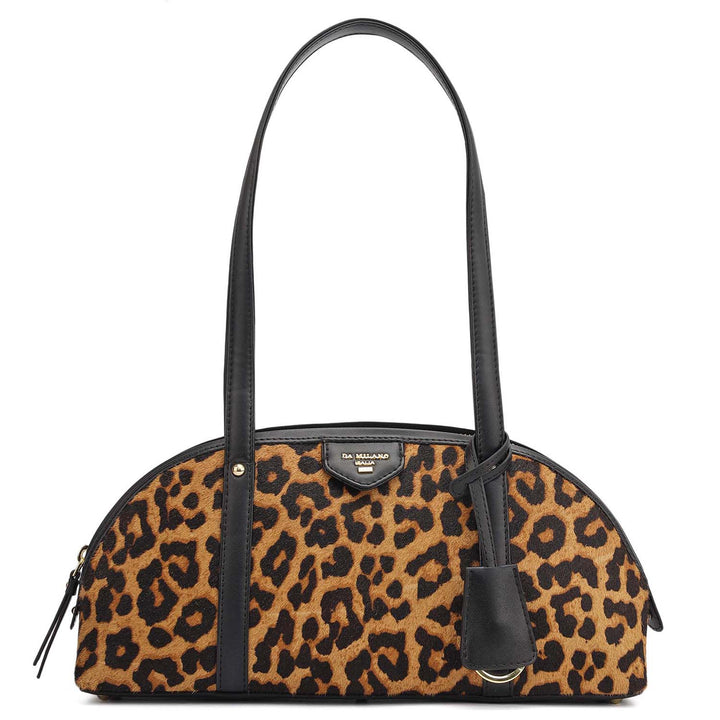 Small Fur Plain Leather Shoulder Bag - Beige & Black
