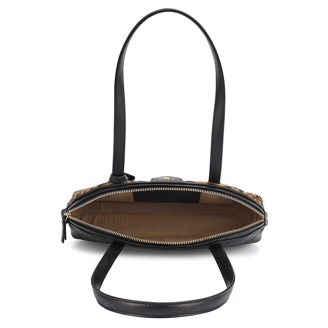 Small Fur Plain Leather Shoulder Bag - Beige & Black