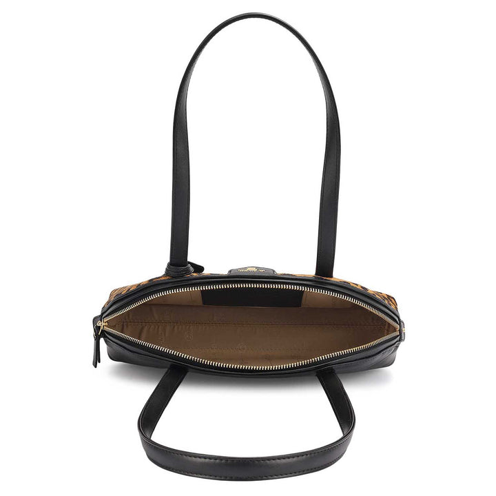 Small Fur Plain Leather Shoulder Bag - Beige & Black