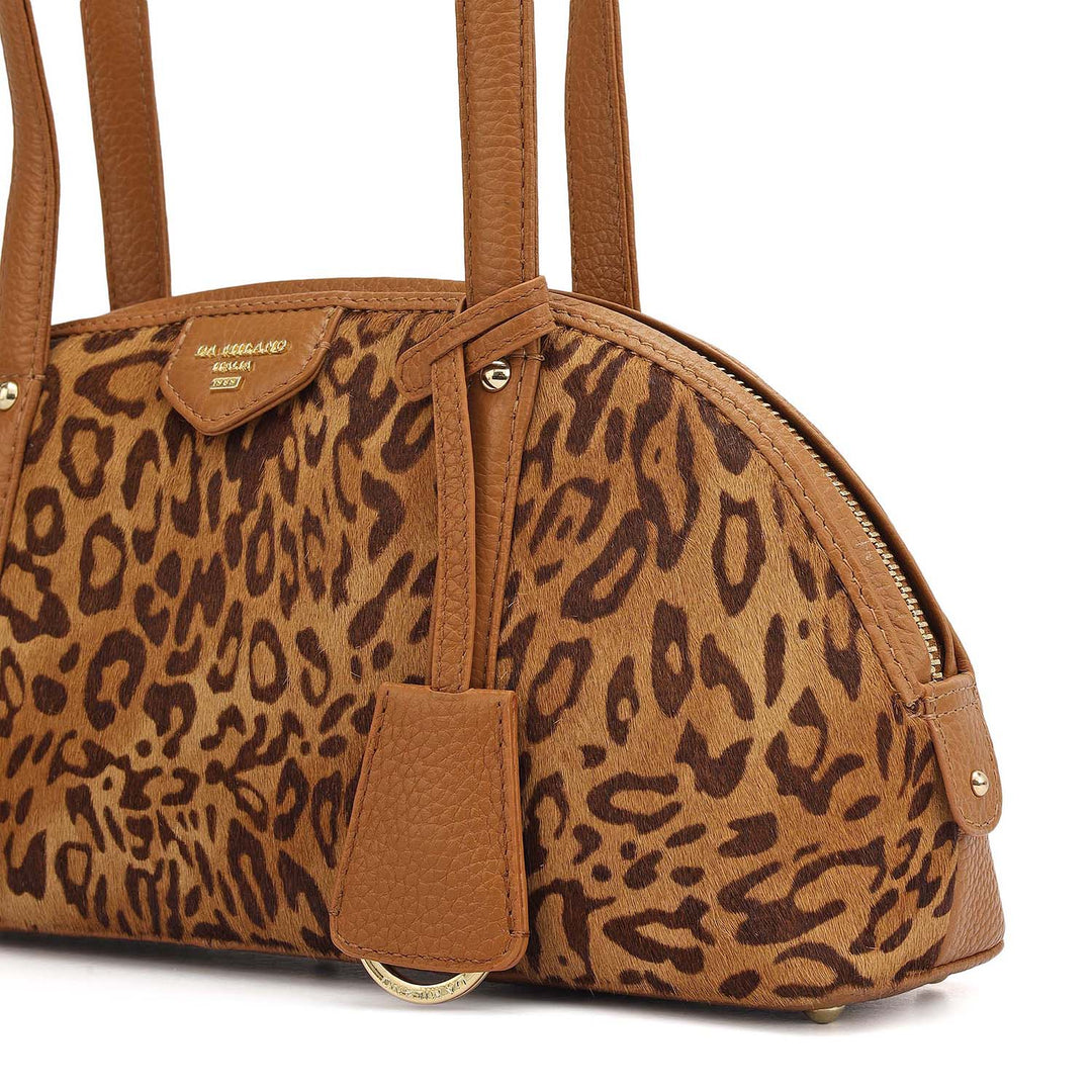 Small Fur Wax Leather Shoulder Bag - Beige & Caramel