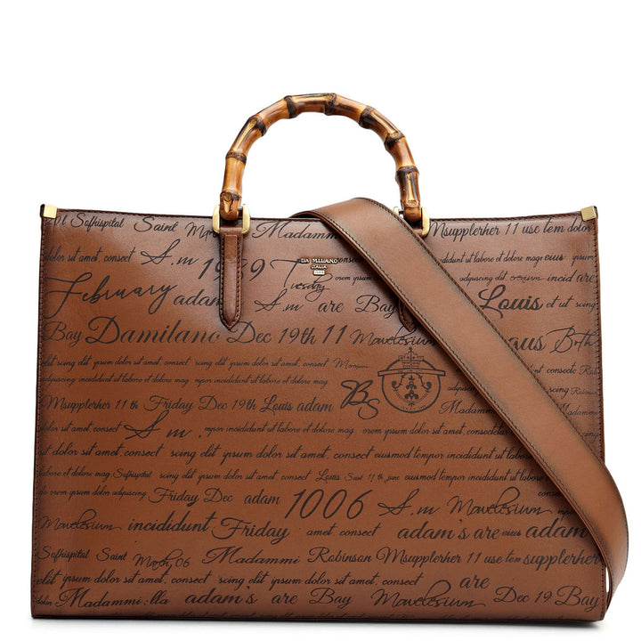 Medium Signato Leather Book Tote - Cognac