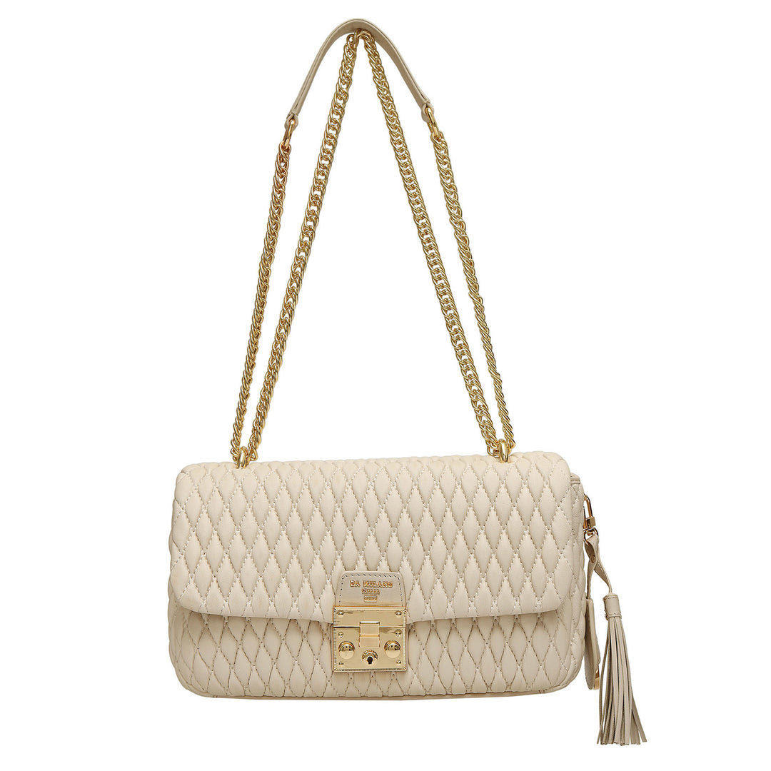 Medium Quilting Plain Leather Shoulder Bag - Beige
