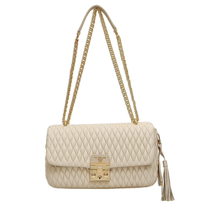 Medium Quilting Plain Leather Shoulder Bag - Beige