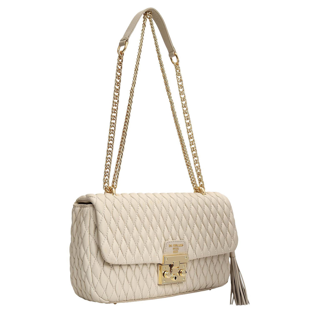 Medium Quilting Plain Leather Shoulder Bag - Beige