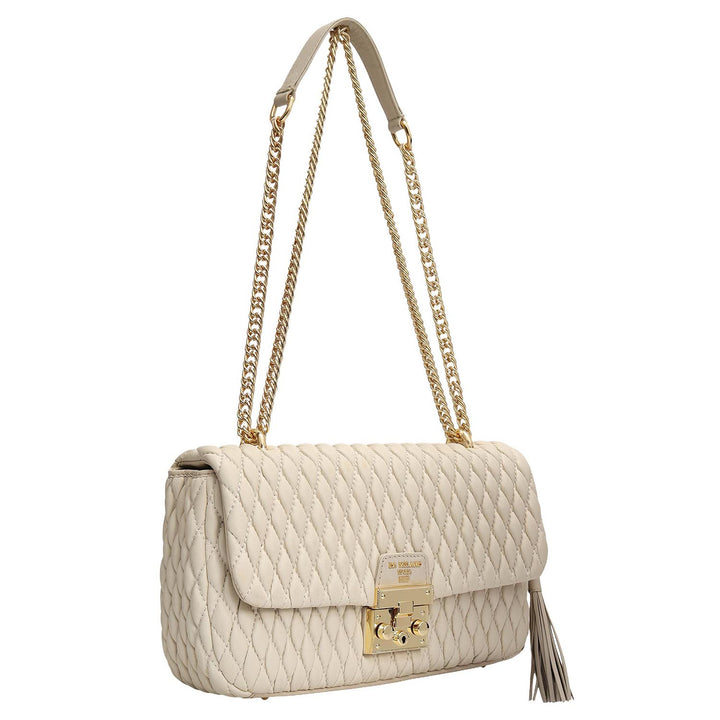 Medium Quilting Plain Leather Shoulder Bag - Beige