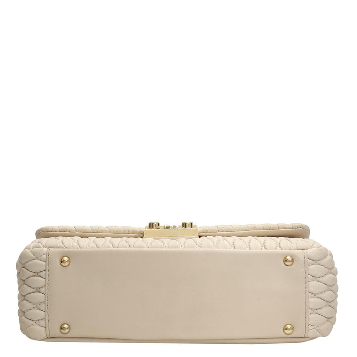 Medium Quilting Plain Leather Shoulder Bag - Beige