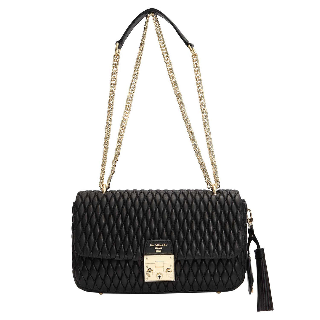Medium Quilting Plain Leather Shoulder Bag - Black
