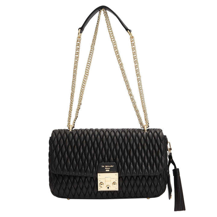 Medium Quilting Plain Leather Shoulder Bag - Black