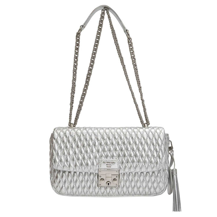 Medium Quilting Plain Leather Shoulder Bag - Silver