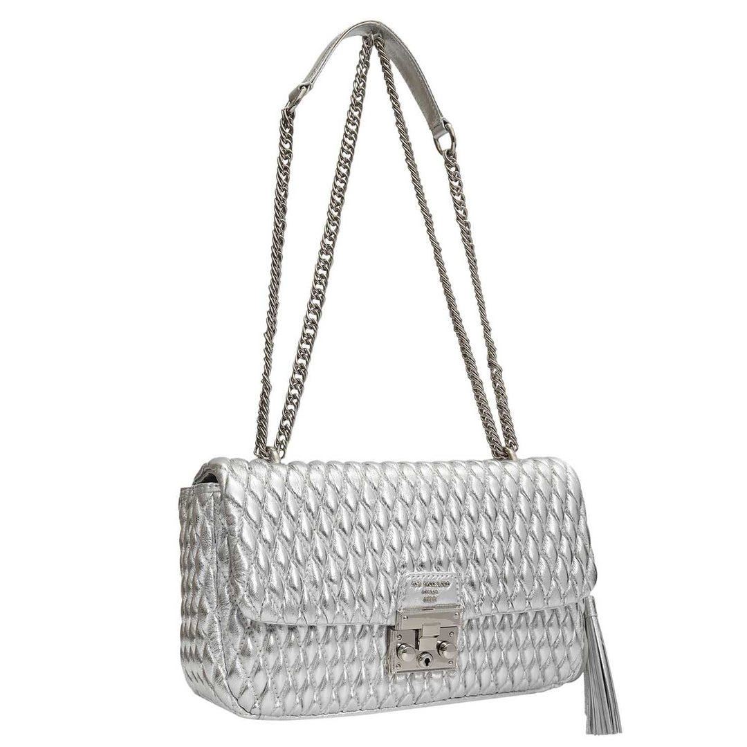 Medium Quilting Plain Leather Shoulder Bag - Silver