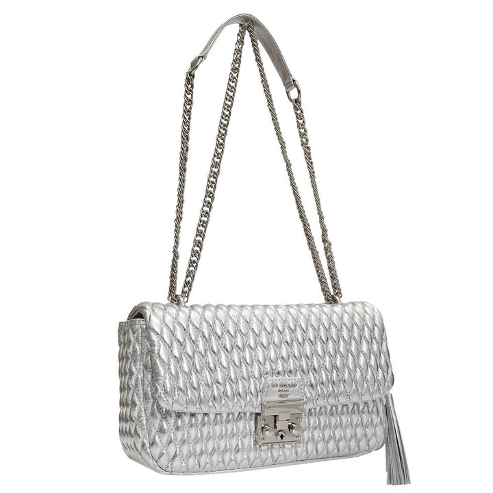Medium Quilting Plain Leather Shoulder Bag - Silver