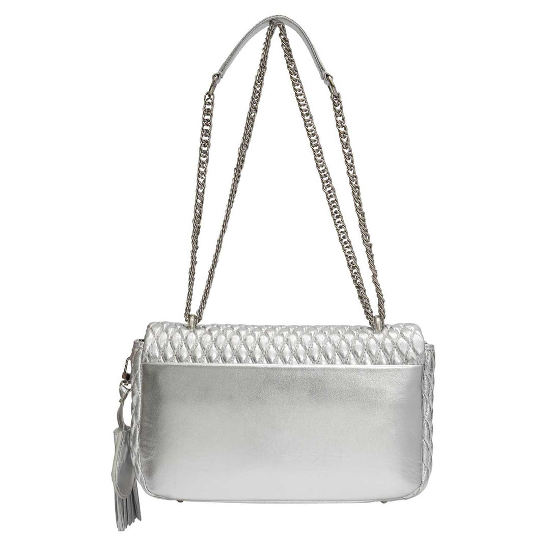 Medium Quilting Plain Leather Shoulder Bag - Silver