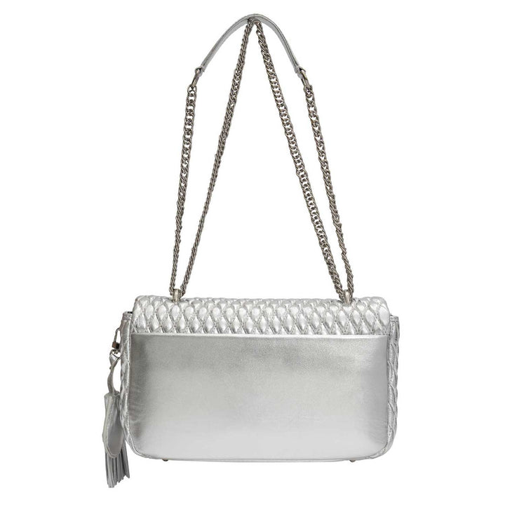 Medium Quilting Plain Leather Shoulder Bag - Silver
