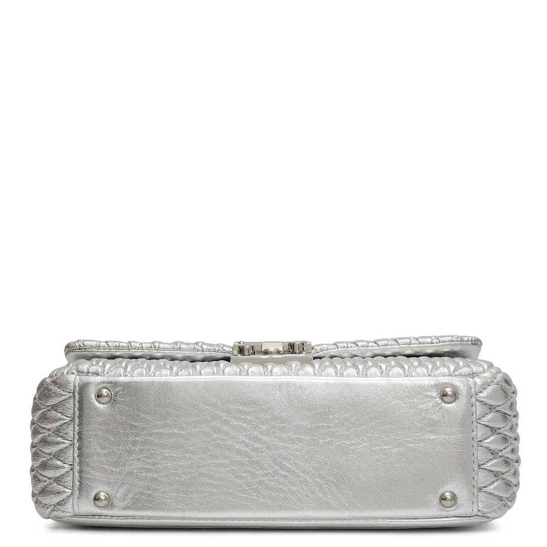 Medium Quilting Plain Leather Shoulder Bag - Silver
