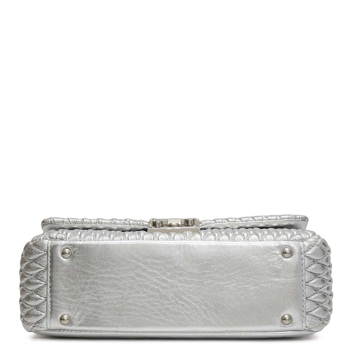 Medium Quilting Plain Leather Shoulder Bag - Silver