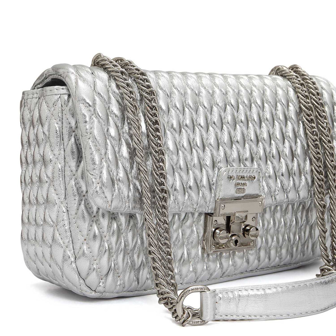 Medium Quilting Plain Leather Shoulder Bag - Silver