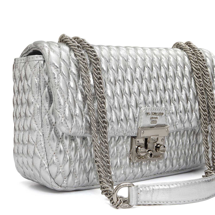 Medium Quilting Plain Leather Shoulder Bag - Silver