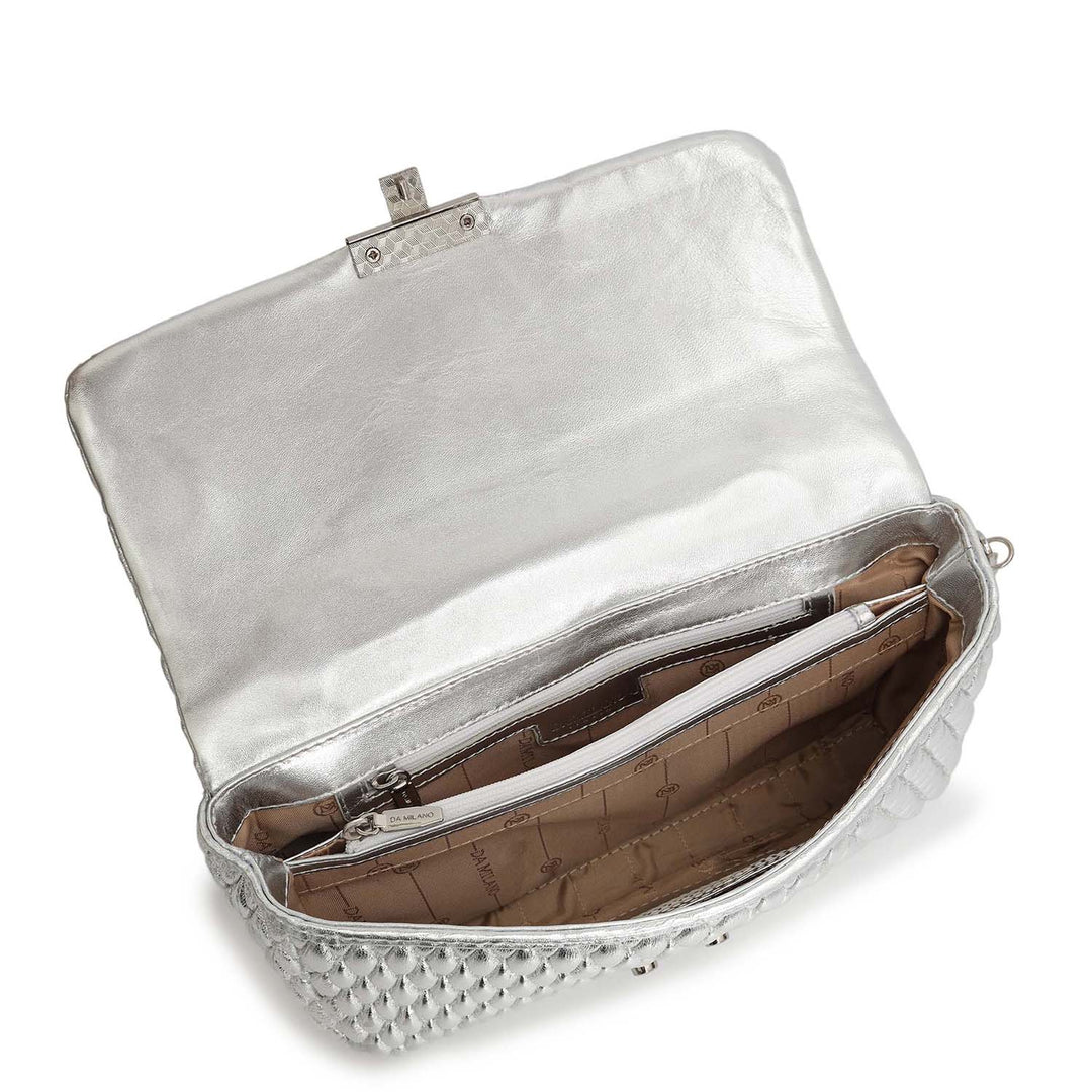 Medium Quilting Plain Leather Shoulder Bag - Silver