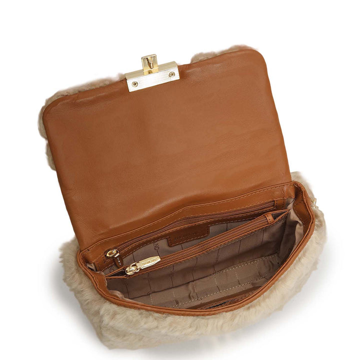 Small Fur Plain Leather Shoulder Bag - Beige