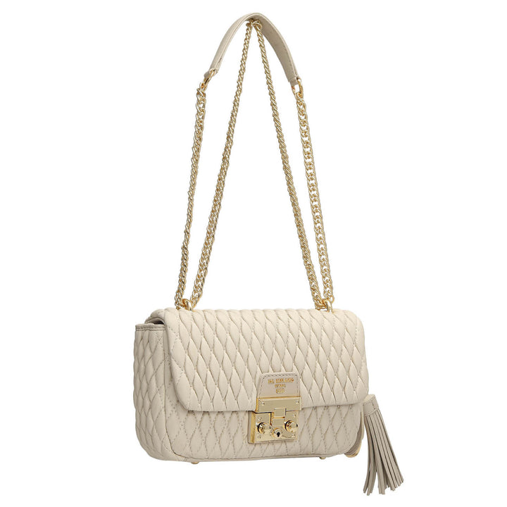 Small Quilting Plain Leather Shoulder Bag - Beige