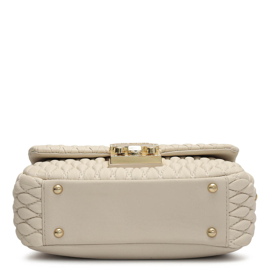 Small Quilting Plain Leather Shoulder Bag - Beige