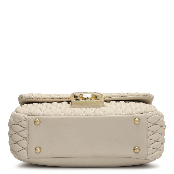 Small Quilting Plain Leather Shoulder Bag - Beige