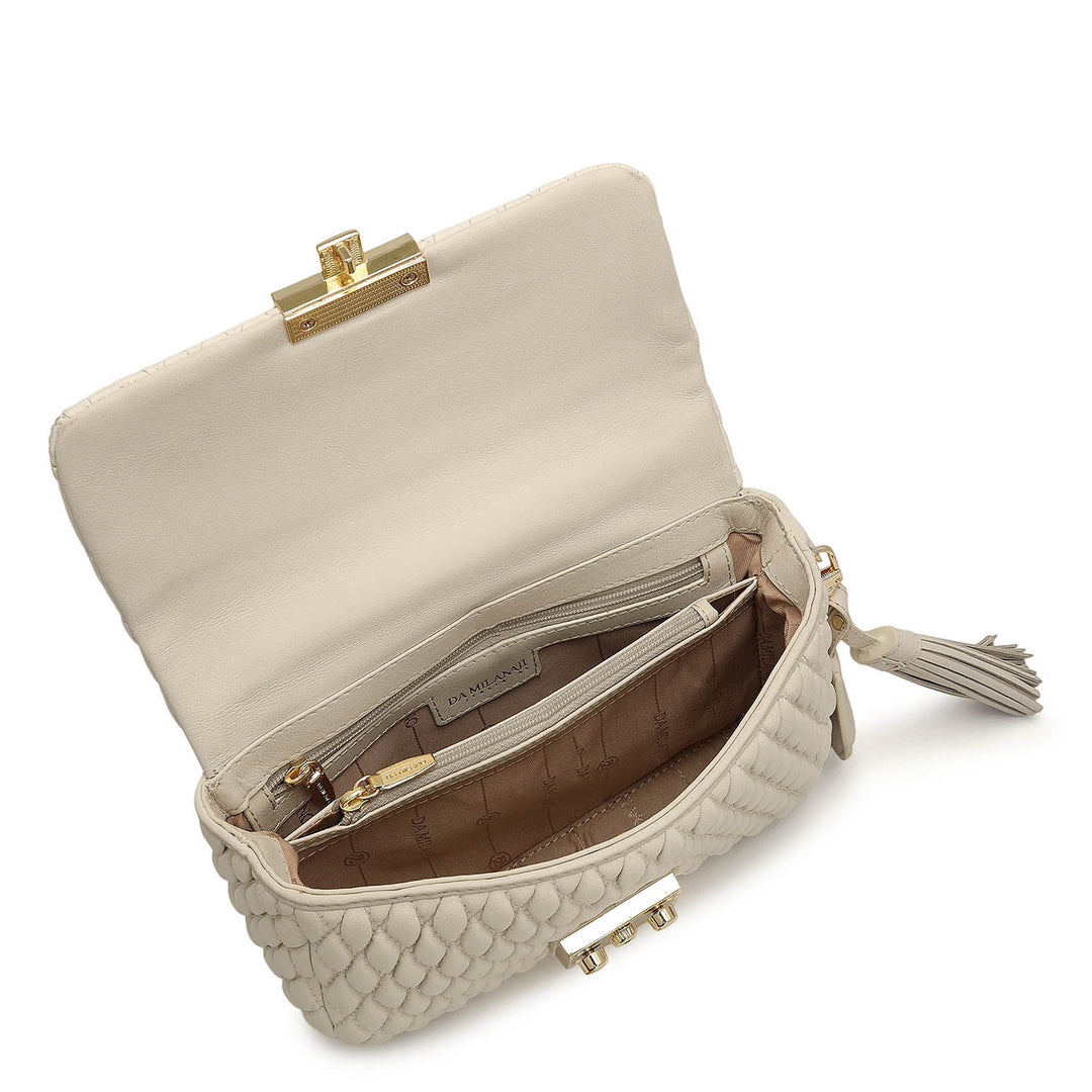 Small Quilting Plain Leather Shoulder Bag - Beige