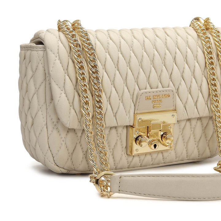 Small Quilting Plain Leather Shoulder Bag - Beige