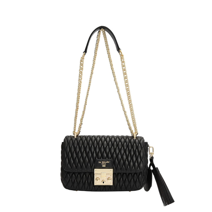 Small Quilting Plain Leather Shoulder Bag - Black