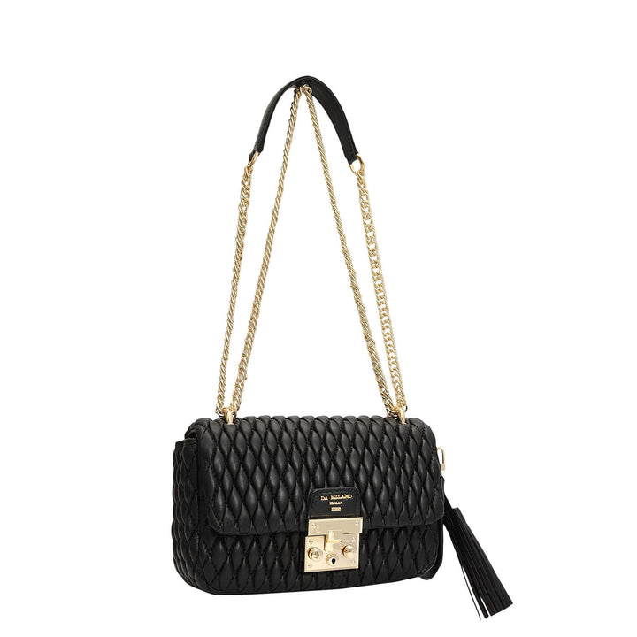 Small Quilting Plain Leather Shoulder Bag - Black
