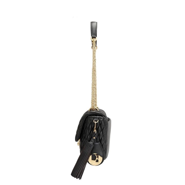 Small Quilting Plain Leather Shoulder Bag - Black