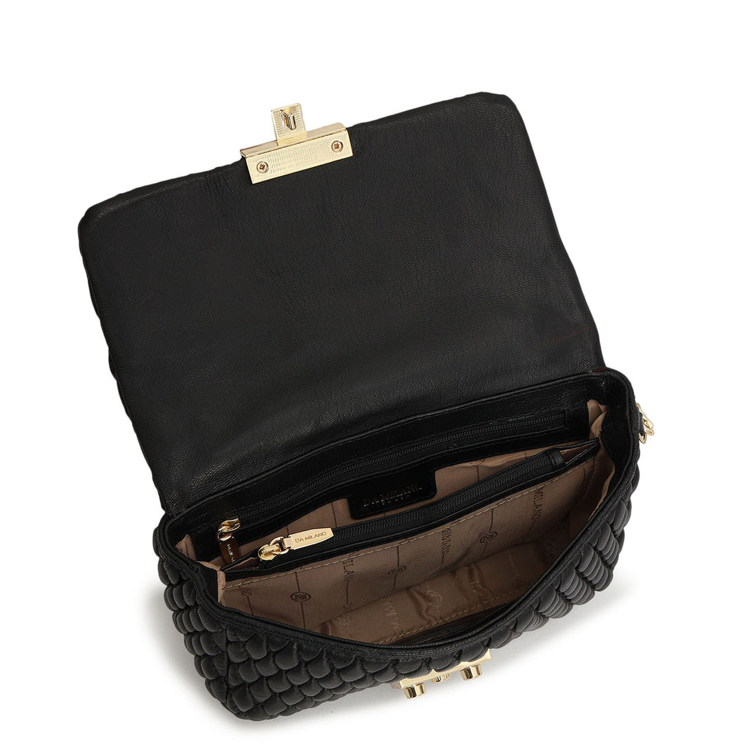 Small Quilting Plain Leather Shoulder Bag - Black