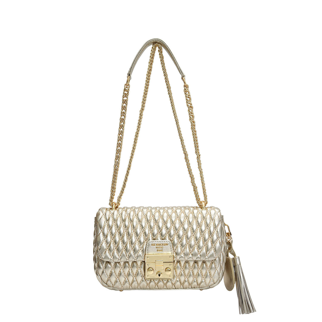 Small Quilting Plain Leather Shoulder Bag - Gold