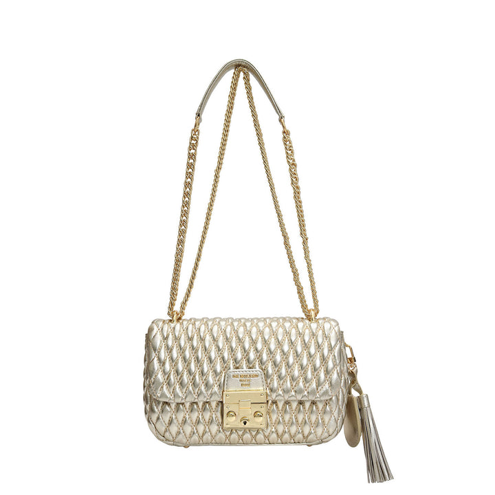 Small Quilting Plain Leather Shoulder Bag - Gold