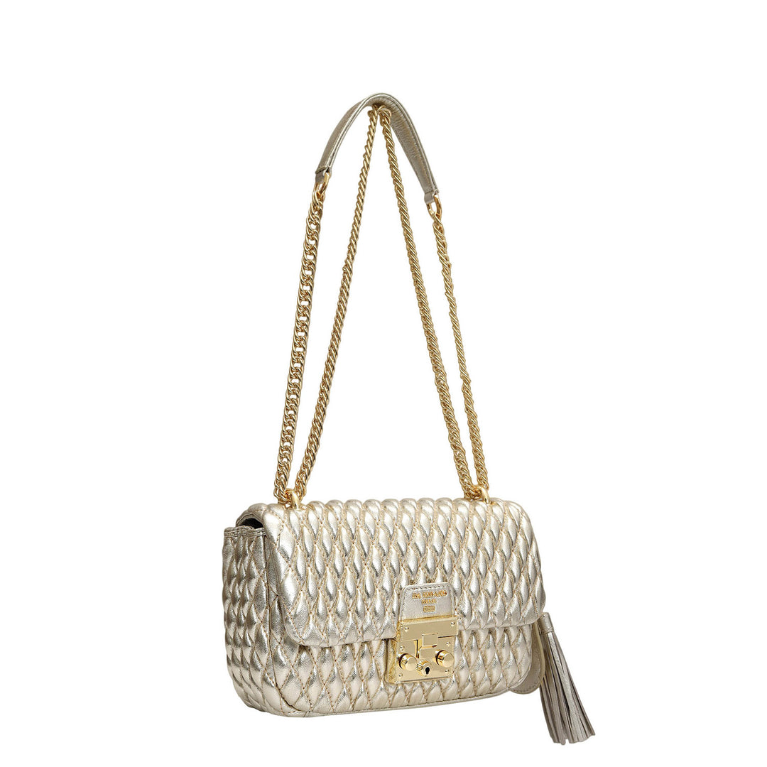 Small Quilting Plain Leather Shoulder Bag - Gold