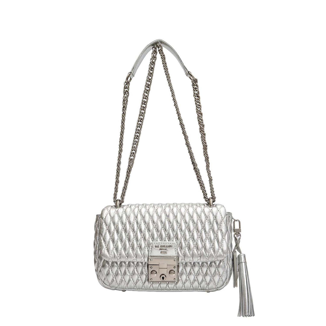 Small Quilting Plain Leather Shoulder Bag - Silver