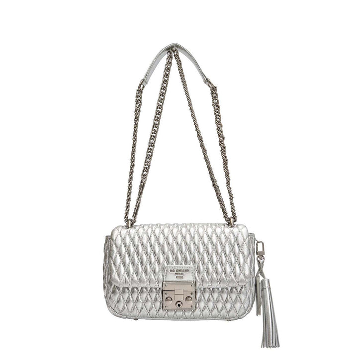 Small Quilting Plain Leather Shoulder Bag - Silver